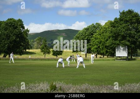 Scenografico campo da cricket rurale (sport agonistico, impianti sportivi estivi, cielo azzurro, bowling) - Bolton Bridge, Yorkshire Dales, Inghilterra, Regno Unito. Foto Stock