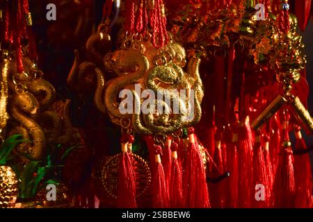 Londra, Regno Unito. 2 febbraio 2025. Ciondoli di serpente in vendita a Chinatown per il Capodanno cinese. Quest'anno è l'anno del serpente. Credito: SOPA Images Limited/Alamy Live News Foto Stock
