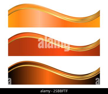 Modello divisore carta intestata 3D oro arancione, set di piè di pagina separatore con onde Illustrazione Vettoriale