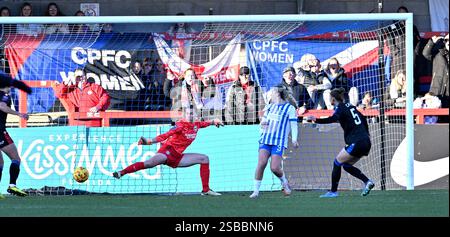 Crawley , Regno Unito 2 febbraio 2025 - My Cato of Crystal Palace segna il suo primo gol a pareggiare nel secondo tempo durante la partita di calcio femminile della Super League tra Brighton & Hove Albion e Crystal Palace al Broadfield Stadium , Crawley , Regno Unito : Credit Simon Dack /TPI/ Alamy Live News Foto Stock