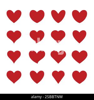 Set di cuori di colore rosso, icone di cuore rosse impostate vettoriali Illustrazione Vettoriale