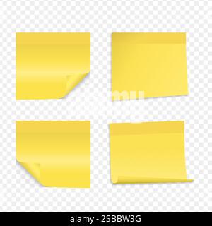 Set di note di carta gialla su sfondo trasparente. Illustrazione vettoriale Illustrazione Vettoriale