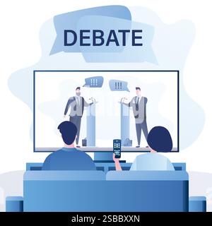 Coppia d'amore guarda la serie tv con i leader di partiti politici opposti. Politica maschile sullo schermo. Persone che guardano il dibattito politico. Intrattenimento serale in TV Illustrazione Vettoriale
