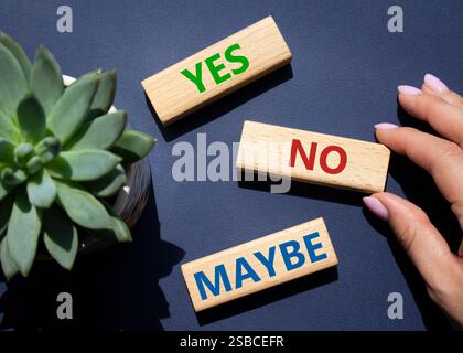 Sì No forse simbolo. Parole concettuali Sì No forse su blocchi di legno con piante succulente. Mano d'affari. Splendido sfondo blu intenso. Affari e. Foto Stock