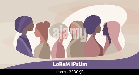 Sagoma di gruppo di sei donne multiculturali che stanno insieme. Giornata internazionale delle donne. Empowerment diversità - inclusione - uguaglianza - o potere femminile Illustrazione Vettoriale