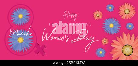 Happy International Women's Day 8 marzo Banner Vibrant Floral Design per celebrare le donne e l'uguaglianza. Sfondo dei desideri della giornata delle donne colorate Illustrazione Vettoriale