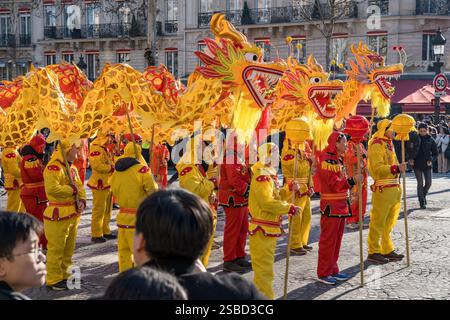 La vivace danza del drago illumina gli Champs-Elysees durante la sfilata del Capodanno lunare 2025 Foto Stock