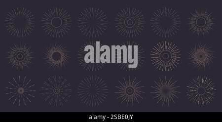 Set di icone clipart contorno sole. Collezione vintage di clip art e icone con illustrazione astratta vettoriale dei raggi solari su sfondo nero. Illustrazione Vettoriale