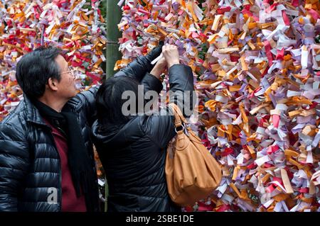 Persone che legano il loro "omikuji" (oracolo di carta di buona o cattiva fortuna) a una stringa durante "Hatsumode" (visita al santuario di Capodanno) a Taga Taisha, Hikone, Giappone. Foto Stock