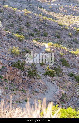 Sentiero escursionistico che si snoda tra le montagne desertiche con la luce del sole Foto Stock