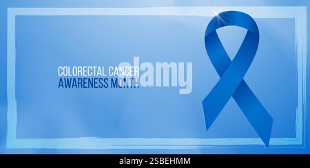 Concetto di mese di consapevolezza del cancro colorettale. Modello di banner con nastro blu e testo. Illustrazione vettoriale. Illustrazione Vettoriale