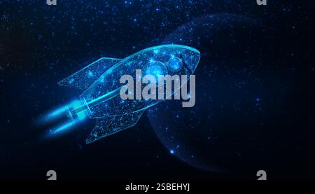 Giornata nazionale del concetto di volo spaziale umano. Futuristico pianeta astratto moderno su sfondo blu. Illustrazione vettoriale. Illustrazione Vettoriale