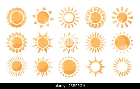 Set clipart icona astratta Sun. Collezione piatta gialla con grafica a clip per il sole, simbolo estivo, con una varietà di illustrazioni vettoriali per i raggi solari. Illustrazione Vettoriale