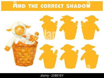 Trova l'ombra corretta di un grande cestello in vimini con peluche e giocattoli di legno. Gioco educativo per bambini con agnello addormentato e anatroccolo in pannier Foto Stock