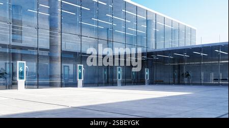 Le stazioni di ricarica per veicoli elettrici sono pronte all'esterno di un moderno edificio di uffici in vetro, simboleggiando l'energia verde e gli spostamenti verso l'ambiente. Rendering 3D. Foto Stock