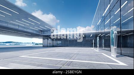 Le futuristiche stazioni di ricarica ev sono pronte in un elegante e moderno complesso di uffici, che simboleggia l'energia verde e i trasporti sostenibili. Rendering 3D. Foto Stock
