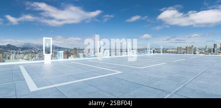 Parcheggio vuoto sul tetto dotato di stazioni di ricarica per veicoli elettrici con vista sul paesaggio urbano di sapporo, per una mobilità urbana sostenibile. rendering 3d. Foto Stock
