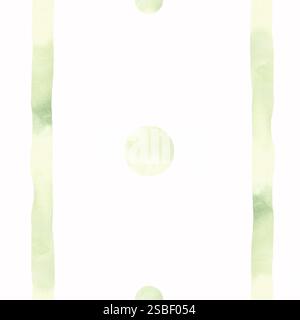 Strisce e cerchi verdi. Abbinamento di pattern verticale senza cuciture. Illustrazione ad acquerello disegnata a mano. Ornamento di nastri e macchie rotonde. Sfondo Foto Stock