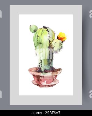 Grande cactus con fiore in vaso di fiori casalingo con argilla su arte muraria. Grafica acquerello Illustrazione Vettoriale