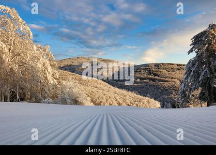 Nevicata appena preparata sulla pista da sci della stazione sciistica in una soleggiata giornata invernale Foto Stock