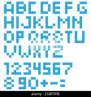 Una vivace grafica pixel art di lettere e numeri in tonalità blu, ideata in modo creativo per il divertimento educativo Illustrazione Vettoriale