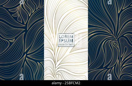 Set vettoriale di foglie art deco, design floreale linea oro di lusso, etichette, loghi floreali, ornamenti. Vino elegante, pacchetto, pacchetto regalo Illustrazione Vettoriale