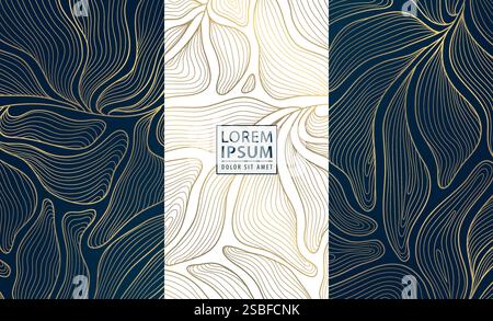 Set vettoriale di foglie art deco, design floreale linea oro di lusso, etichette, loghi floreali, ornamenti. Vino elegante, pacchetto, pacchetto regalo Illustrazione Vettoriale