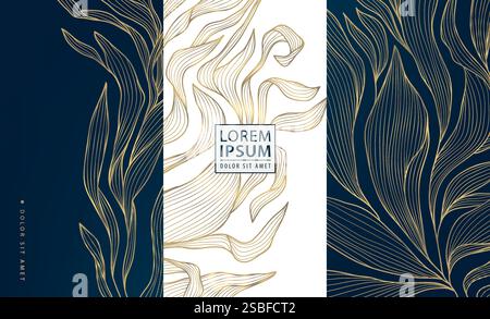 Set vettoriale di foglie art deco, design floreale linea oro di lusso, etichette, loghi floreali, ornamenti. Vino elegante, pacchetto, pacchetto regalo Illustrazione Vettoriale