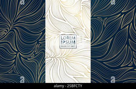 Set vettoriale di foglie art deco, design floreale linea oro di lusso, etichette, loghi floreali, ornamenti. Vino elegante, pacchetto, pacchetto regalo Illustrazione Vettoriale