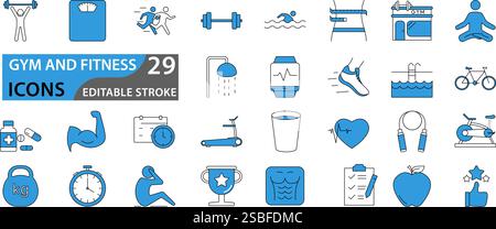 Set di icone palestra e fitness. Contiene uno stile di vita sano, l'allenamento con il peso, la cura del corpo e le icone di allenamento o dell'attrezzatura per l'esercizio fisico. Impostare le icone di raccolta vettoriale Illustrazione Vettoriale