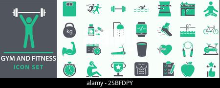 Set di icone palestra e fitness. Contiene uno stile di vita sano, l'allenamento con il peso, la cura del corpo e le icone di allenamento o dell'attrezzatura per l'esercizio fisico. Impostare le icone di raccolta vettoriale Illustrazione Vettoriale
