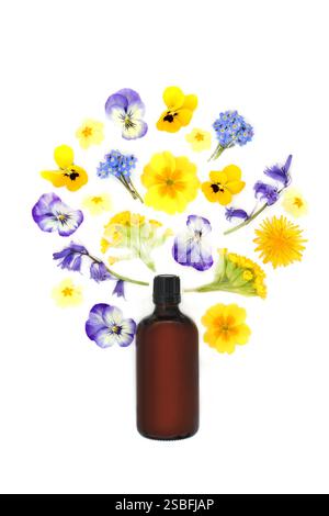 Bottiglia di olio essenziale per aromaterapia floreale di primavera surreale per trattamenti naturopatici di erbe medicinali. Disegno floreale astratto per rimedi naturali. Foto Stock