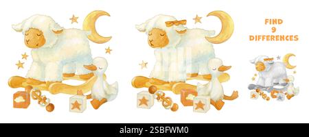 Trovare le differenze. Attenzione con soffici bavagalli, pecore dondolanti, sonaglino, cubo di tessuto. Composizione disegnata a mano di peluche dormienti, giocattoli di legno Foto Stock