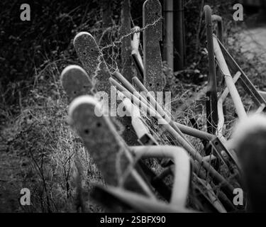 Un'immagine in bianco e nero di una recinzione rotta fatta di pali di cemento e filo spinato in un campo in inverno Foto Stock
