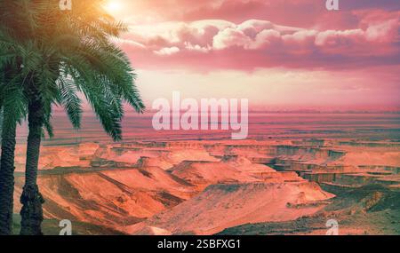 Vista del deserto e della Giordania nell'area del Mar morto vicino alla fortezza di Masada Foto Stock