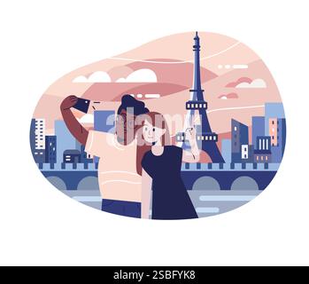 Illustrazione vettoriale di una coppia innamorata che scatta foto con il telefono per immortalare i momenti del suo viaggio a Parigi. Un uomo e una ragazza fanno una foto in fr Illustrazione Vettoriale