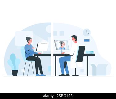 Consultare un medico tramite videochiamata. Appuntamento medico online tramite videoconferenza. Concetto vettoriale illustrazione colorata di un medico seduto Illustrazione Vettoriale