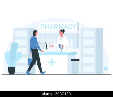 Illustrazione del concetto di farmacia. Una farmacista sorridente accoglie il visitatore in un moderno interno di farmacia. Illustrazione vettoriale colorata di una donna che arriva Illustrazione Vettoriale