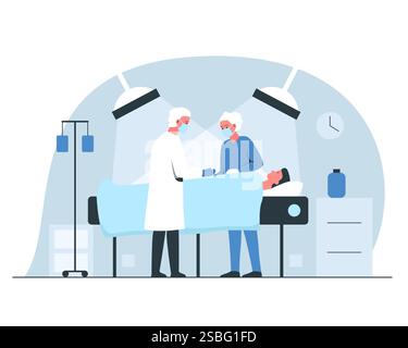 Chirurgo maschile e infermiere che esegue un'operazione in sala operatoria in un ospedale. Concetto vettoriale illustrazione colorata di un uomo sotto le luci anestesia Illustrazione Vettoriale