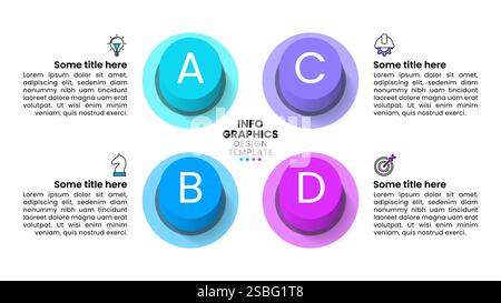 Modello infografico con icone e 4 opzioni o passaggi. Pulsanti. Può essere utilizzato per layout del flusso di lavoro, diagrammi, banner, webdesign. Illustrazione vettoriale Illustrazione Vettoriale