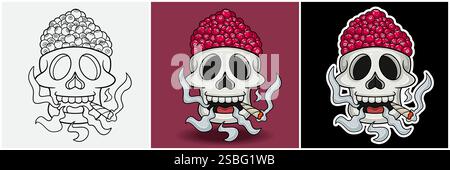 Mirtillo rosso dentro testa teschio con fumatore personaggio Cartoon. Bianco e nero, colorato e stile adesivo. Per stampa T-shirt, Logo del marchio, etichetta e ma Illustrazione Vettoriale