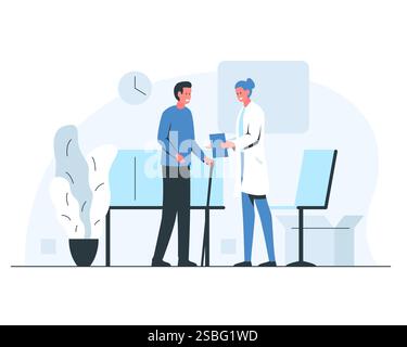 Uomo con bastone da passeggio su appuntamento del medico. Concetto vettoriale illustrazione colorata di un uomo sorridente in piedi e di un medico donna Illustrazione Vettoriale