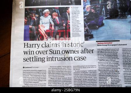 Il principe "Harry sostiene che la vittoria "storica" sul proprietario di Sun dopo aver risolto il caso di intrusione", il giornale Guardian, titolo del processo NGN, articolo 23 gennaio 2025 Foto Stock