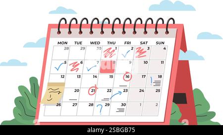 Concetto di gestione dell'ora del calendario. Illustrazione concettuale vettoriale colorata di un grande calendario da scrivania che mostra la pianificazione mensile con note e segni di spunta. Illustrazione Vettoriale