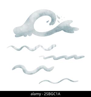 Acquerello onde marine, schizzi, gocce. Serie di linee ondulate, illustrazioni disegnate a mano in stile cartone animato. Clipart isolato su bianco per la progettazione di schede Foto Stock