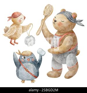 Animali pirati, orsi, pinguini, pappagallo tenere sapone, pennello. Illustrazione ad acquerello disegnata in stile cartone animato. Personaggi isolati su doccia di design bianco Foto Stock