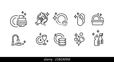 Set di icone lineari per pulire i piatti. Design del simbolo di corsa Clean dishes Concept. Illustrazione vettoriale degli elementi grafici sottili, schema di contorno su sfondo bianco Illustrazione Vettoriale