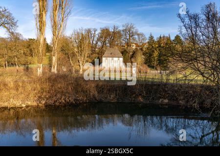 Park an der ILM mit Goethes Gartenhaus a Weimar, Thüringen, Deutschland, Europa | Goethe's Garden House presso Park an der ILM a Weimar, Turingia, Germ Foto Stock