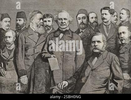 La Conferenza egiziana. Conferenza europea sugli affari dell'Egitto tenutasi a Londra nel 1884. Vertice cui hanno partecipato i rappresentanti delle maggiori potenze. Gruppo ritratto degli ambasciatori e degli assistenti finanziari. Da sinistra a destra: (In piedi, sullo sfondo): Tigrane Pasha (Assistente finanziario egiziano), Blum Pasha (Assistente finanziario egiziano), Camille Barrère (Assistente finanziario francese), Musurus Pasha (Turchia), Derenthal (Assistente finanziario tedesco), Conte de Nigra (Italia), Philip Currie (protocolista) e Baring (Assistente finanziario britannico); in primo piano: Conte Karoly (Austria- Foto Stock