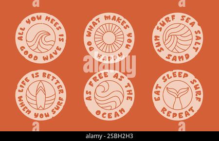 Badge surf estivo rétro con illustrazione a righe, testo. Simpatico adesivo per le vacanze da surf, t short, modello vettoriale per schede. Illustrazione Vettoriale